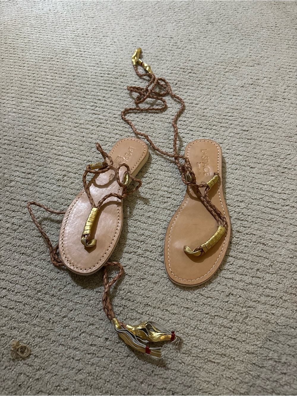Braided Tan Lace-Up Sandals with Gold Accents